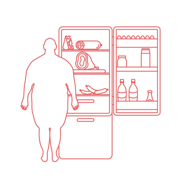 Tlustý muž stojí na lednici plné potravy. Zdraví škodlivý, stravovací návyky — Stockový vektor