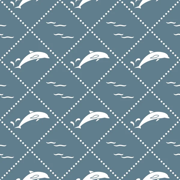 Бесшовный узор с дельфинами, брызгами и волнами — стоковый вектор