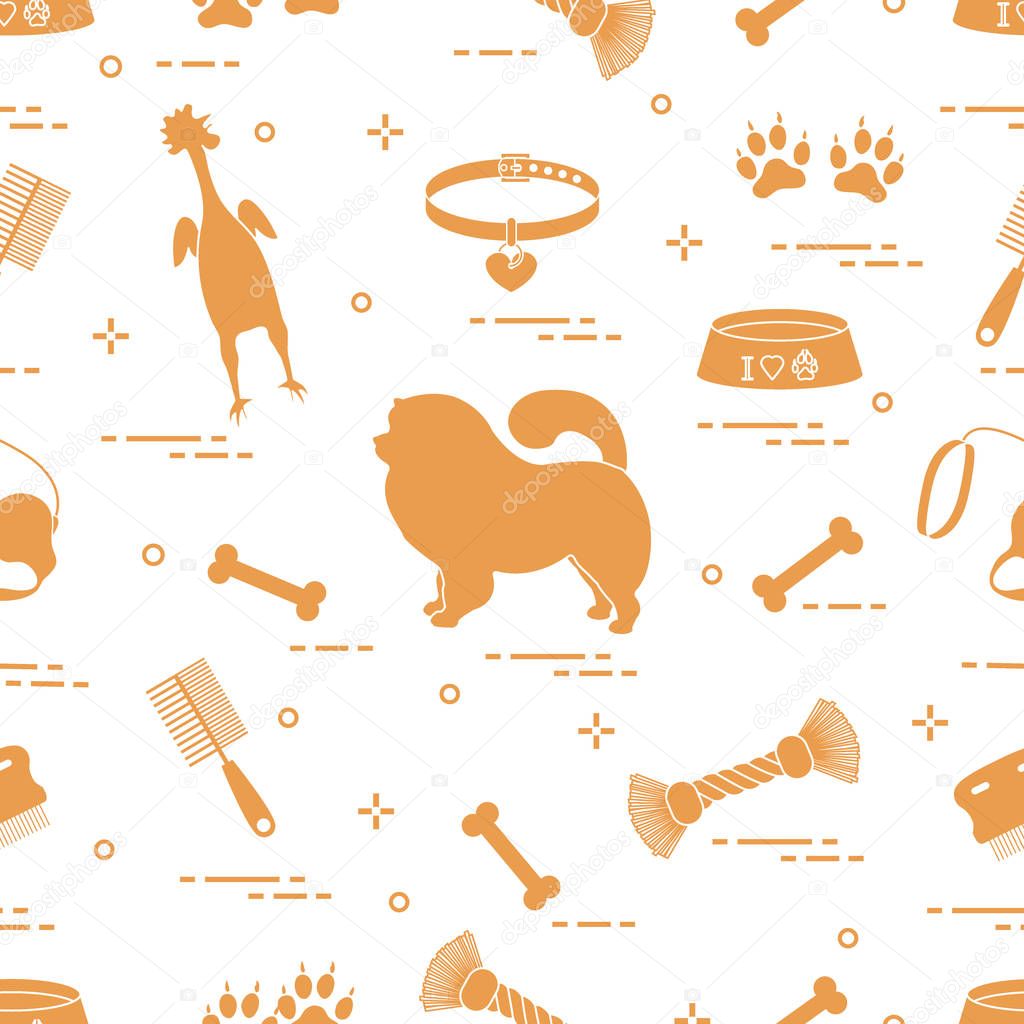 Pattern of silhouette chow-chow dog, bowl, bone, brush, comb, to