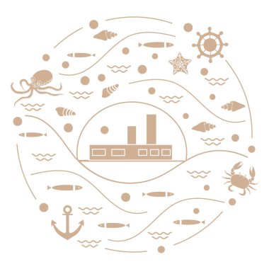 Gemi, ahtapot, balık, çapa, dümen ile sevimli vektör çizim,