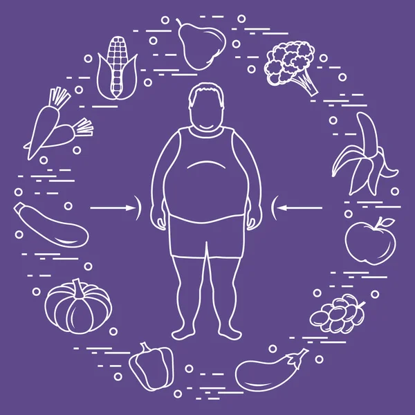 Homem gordo com comida saudável à sua volta. Hábitos alimentares saudáveis . —  Vetores de Stock