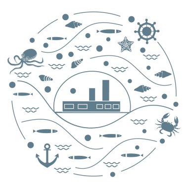 Gemi, ahtapot, balık, çapa, dümen ile sevimli vektör çizim,