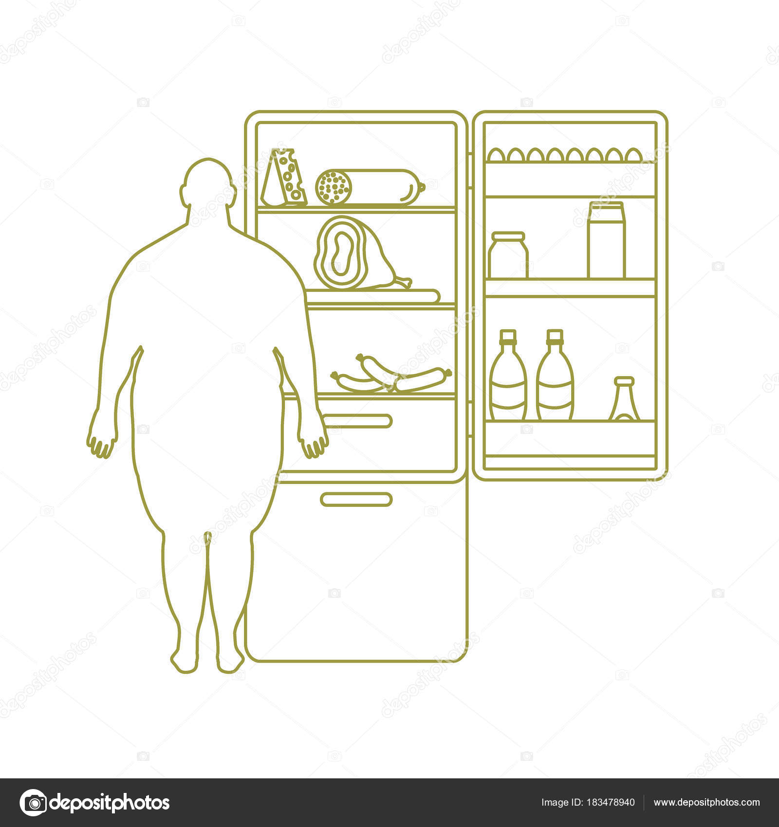 Uomo grasso si trova presso il frigo pieno di cibo Nocivo per la salute delle