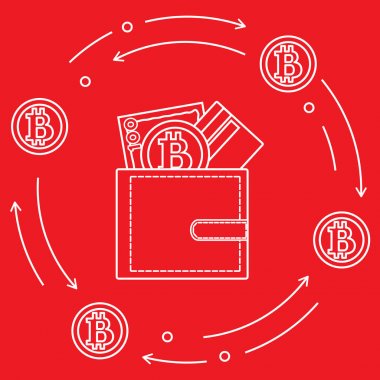 Çanta banknot, kredi kartı ile bitcoin.