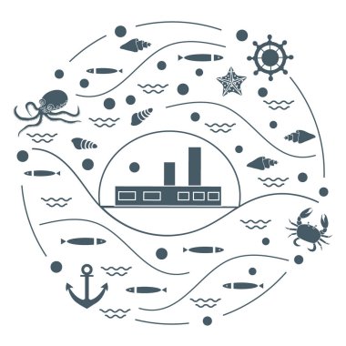 Gemi, ahtapot, balık, çapa, dümen ile sevimli vektör çizim,