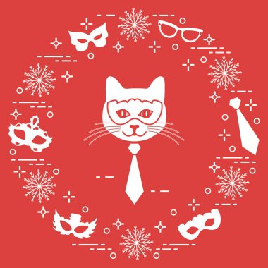 Namlu kedi ve carnival maskeleri, kar taneleri, gözlük, kravat. Carn