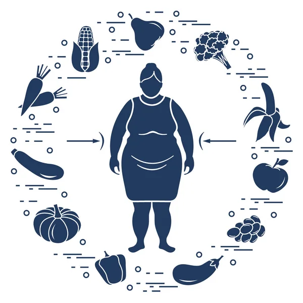 Mujer gorda con comida saludable a su alrededor. Hábitos alimenticios saludables . — Archivo Imágenes Vectoriales