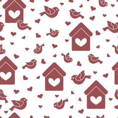 Kuşlar, kuş evleri ve kalpleri ile Seamless Modeli