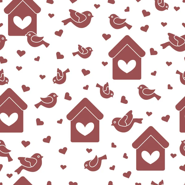 Seamless pattern with birds, birdhouses and hearts — Stock Vector