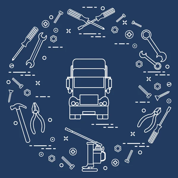 Coches de reparación: camión, llaves, tornillos, llave, alicates, gato, martillo , — Vector de stock