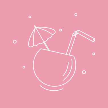 Yarım Hindistan cevizi, tüp ve şemsiye kokteyl stilize simgesi