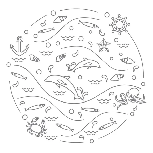 Ilustracja wektorowa Ładna z delfiny, ośmiornice, ryby, kotwica, h — Wektor stockowy
