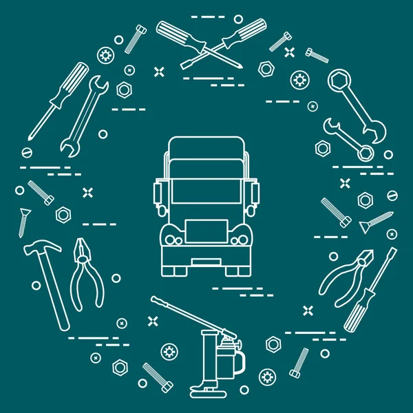 Επισκευή αυτοκινήτων: φορτηγό, κλειδιά, βίδες, κλειδί, πένσα, jack, σφυρί, — Διανυσματικό Αρχείο