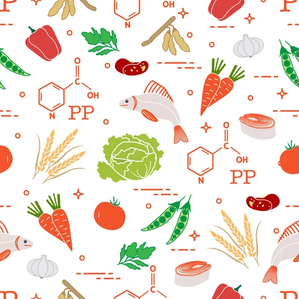 Seamless pattern with foods rich in vitamin PP. — Stock Vector