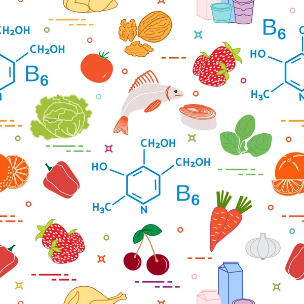 Patrón sin fisuras con alimentos ricos en vitamina B6 . — Vector de stock