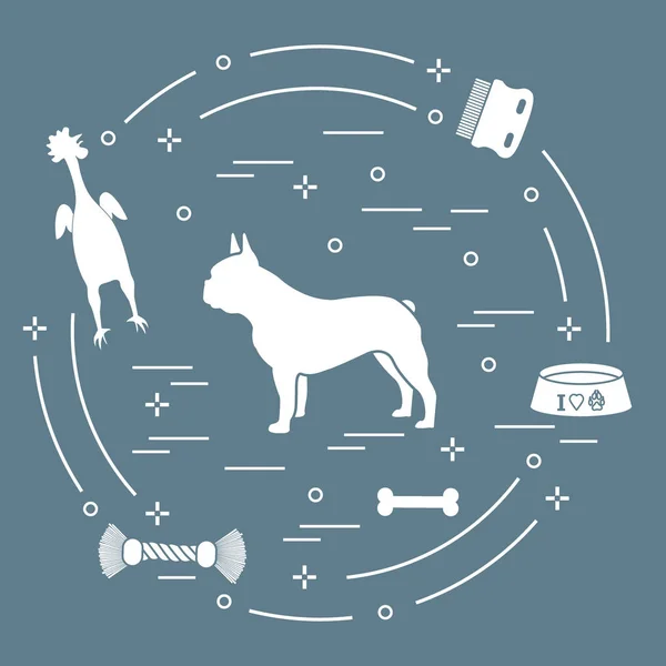 Silhouette de bouledogue français, bol, os, brosse, peigne, jouets . — Image vectorielle