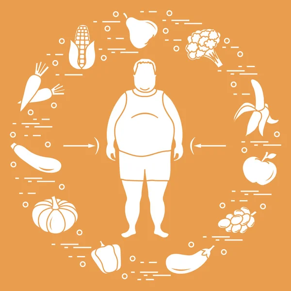 Un ciccione con del cibo sano intorno. Sane abitudini alimentari . — Vettoriale Stock