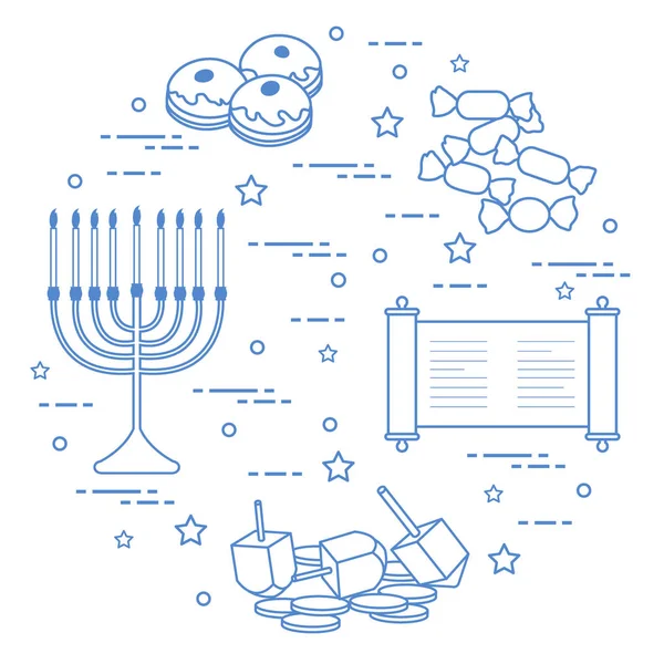 Yahudi bayramı Hanuka: topaç, sivivon, Yedi Kollu Şamdan, paralar, çörek — Stok Vektör