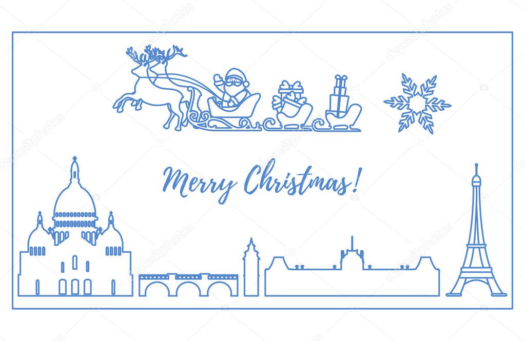 Santa Claus in sleigh with deers flying over Paris