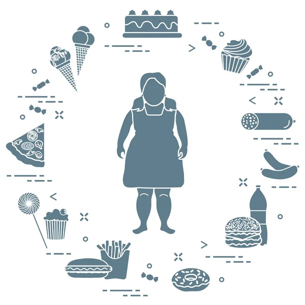 有害的饮食习惯和胖女孩. — 图库矢量图片