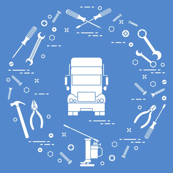 Coches de reparación: camión, llaves, tornillos, llave, alicates, gato, martillo , — Vector de stock