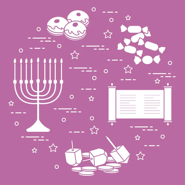 Jüdischer Feiertag Chanukka: dreidel, sivivon, menora, coins, donut — Stockvektor