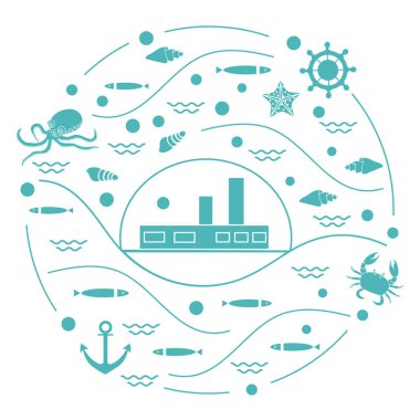 Gemi, ahtapot, balık, çapa, dümen ile sevimli vektör çizim,