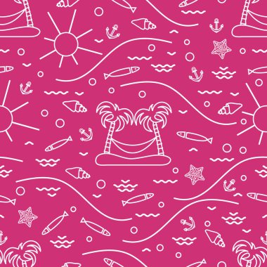 Balık, palmiye ağaçları ile ada ile şirin Dikişsiz desen ve bir ha