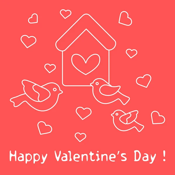 Birds, birdhouse and hearts. Valentine's Day. — Stock Vector