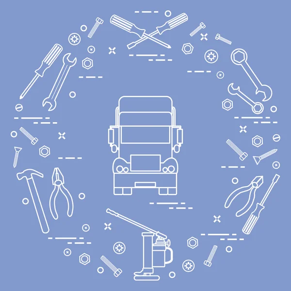 Επισκευή αυτοκινήτων: φορτηγό, κλειδιά, βίδες, κλειδί, πένσα, jack, σφυρί, — Διανυσματικό Αρχείο