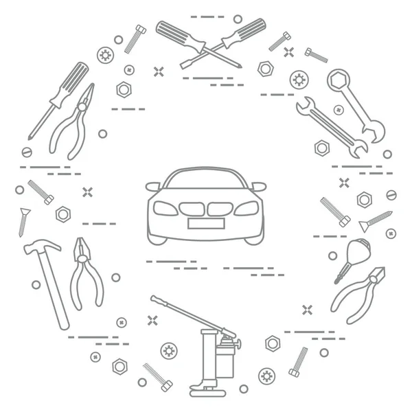 Reparaturautos: Automobil, Schraubenschlüssel, Schrauben, Schlüssel, Zange, Wagenheber — Stockvektor