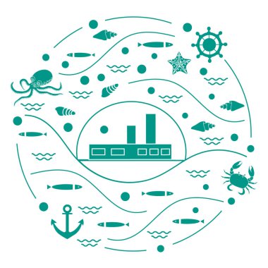 Gemi, ahtapot, balık, çapa, dümen ile sevimli vektör çizim,