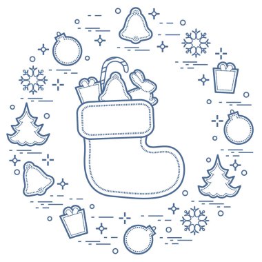 Noel çorap hediye ile. Yeni yıl ile Noel simgeleri. Kış