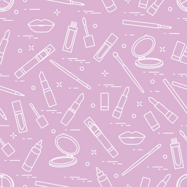 Seamless modeli farklı dudak makyaj araçları. Vektör illustra