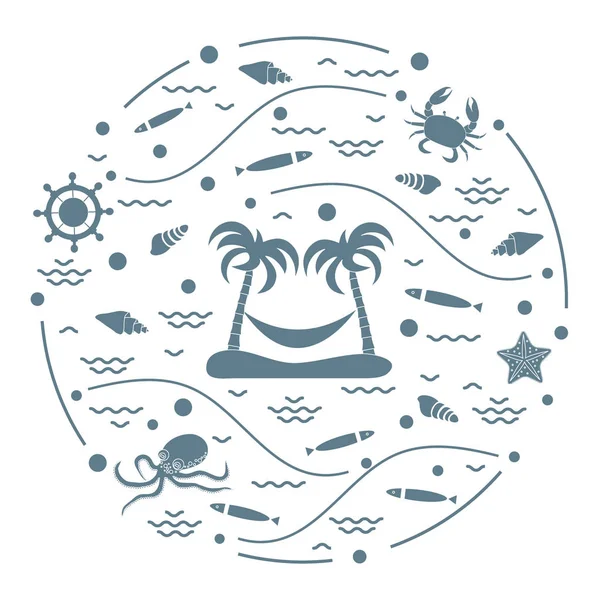 Lindo vector ilustración con pulpo, pescado, isla con palma tr — Vector de stock
