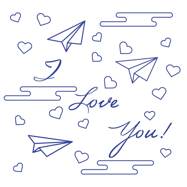 Paper airplane, hearts, clouds. Valentine's Day.