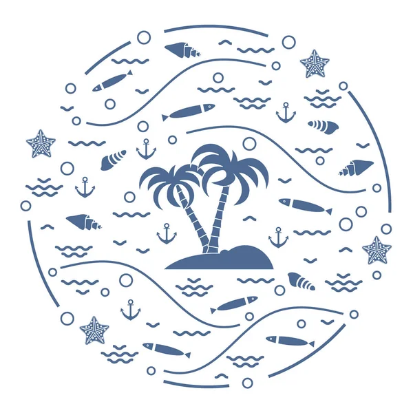 Χαριτωμένο διανυσματικά εικονογράφηση με ψάρια, νησί με φοίνικες, anch — Διανυσματικό Αρχείο