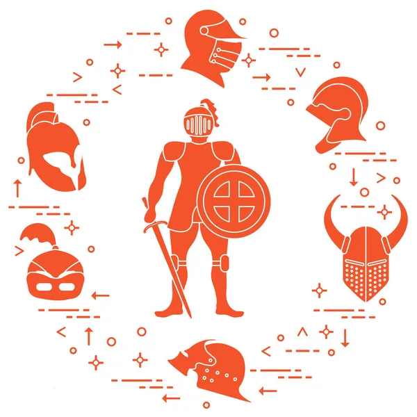 Knight with shield, sword, and different helmets. — Stock Vector