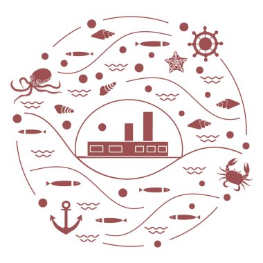 Gemi, ahtapot, balık, çapa, dümen ile sevimli vektör çizim,