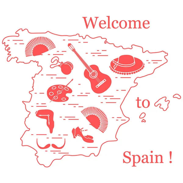 Vektorillustration mit verschiedenen spanischen Symbolen, die in einem — Stockvektor