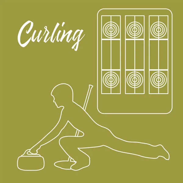 Hřiště na curling, koště, kámen a sportovec. — Stockový vektor