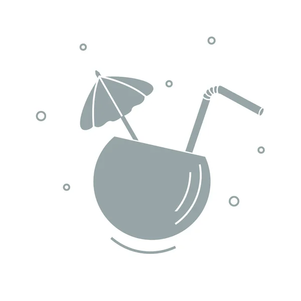 Stylized icon of the cocktail in half coconut, tube and umbrella — Stock Vector