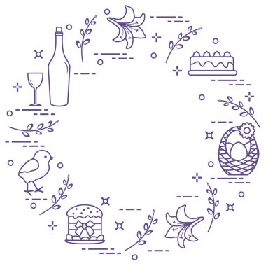 Herkesdaire oluşturacak şekilde düzenlenmiş farklı Paskalya sembolleri: simnel kek, şık