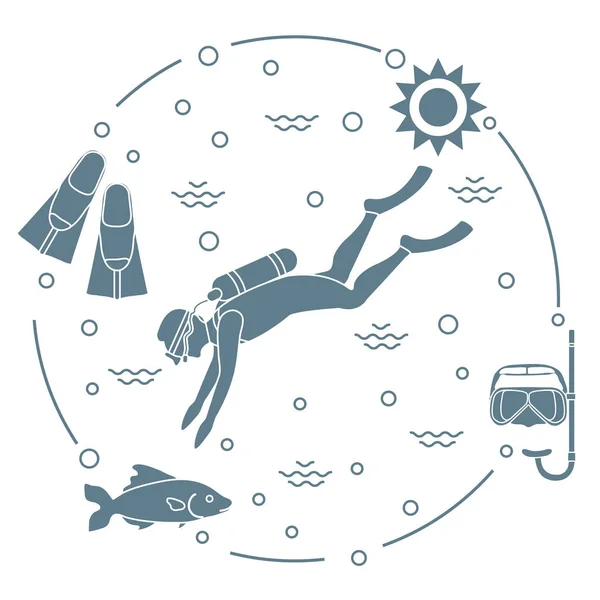 Μάσκα, αναπνευστήρας, βατραχοπέδιλα, ήλιος, ψάρια, αυτοδύτη. — Διανυσματικό Αρχείο