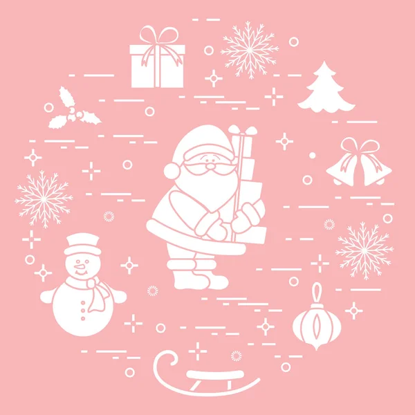 Weihnachtsmann mit Geschenken und anderen Neujahrs- und Weihnachtssymbolen — Stockvektor