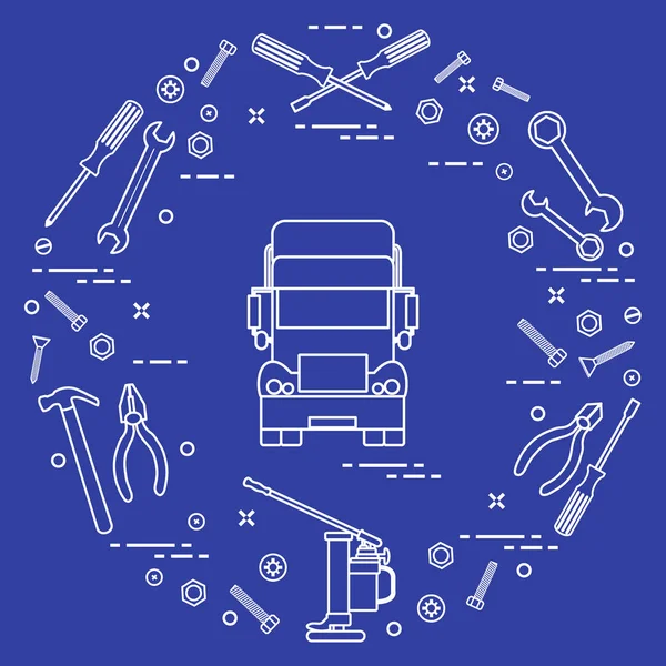 Reparaturautos: LKW, Schraubenschlüssel, Schrauben, Schlüssel, Zange, Wagenheber, Hammer, — Stockvektor