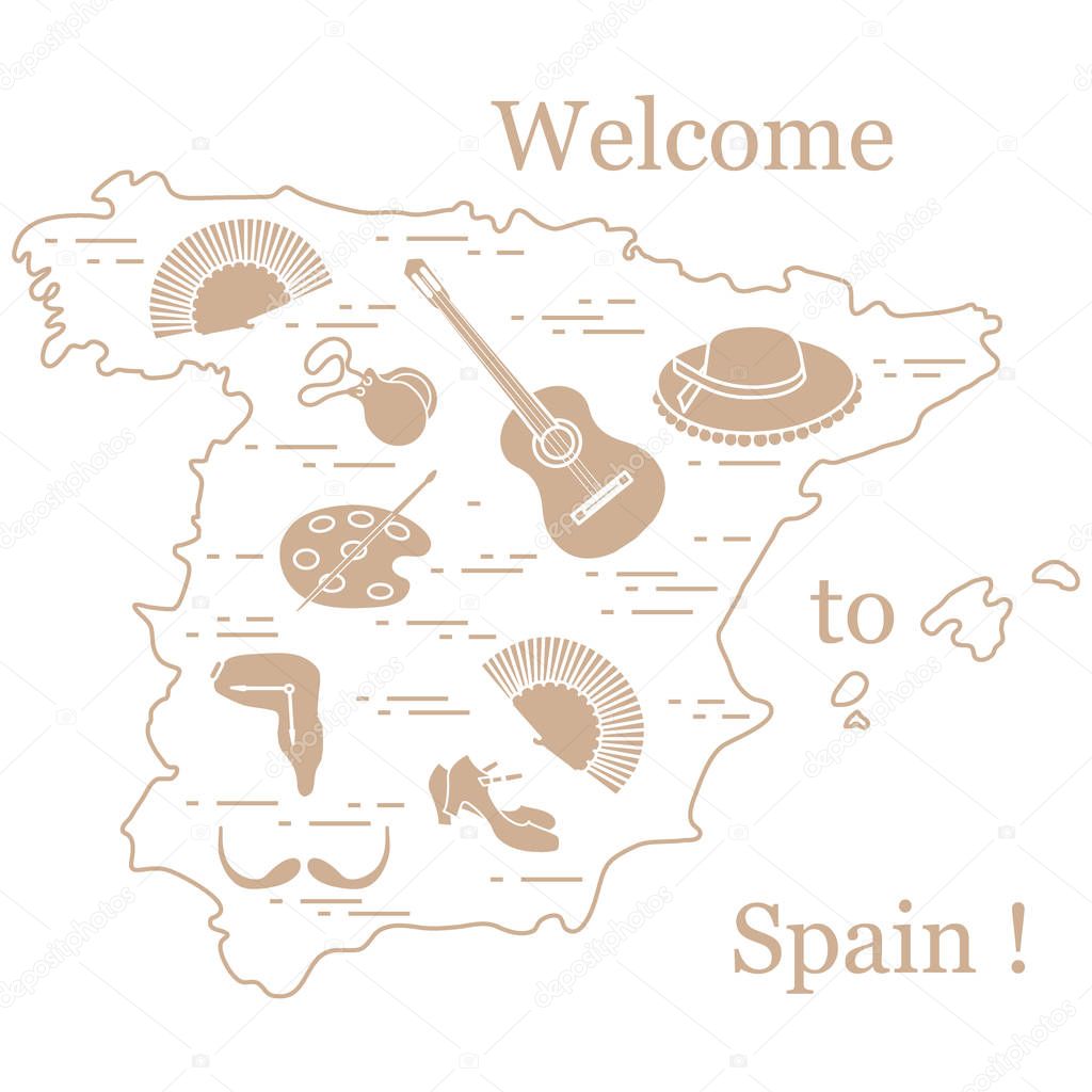 Vector illustration with various symbols of Spain arranged in a 