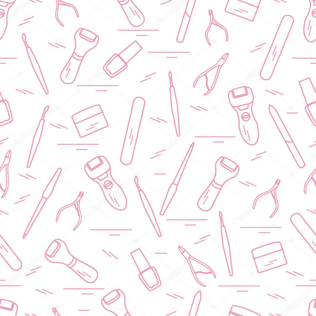 Seamless pattern with variety tools for manicure and pedicure. P