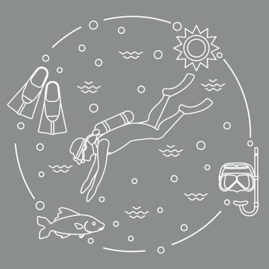 Maske, şnorkel, palet, güneş, balık, scuba diver.