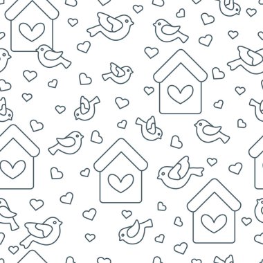 Kuşlar, kuş evleri ve kalpleri ile Seamless Modeli